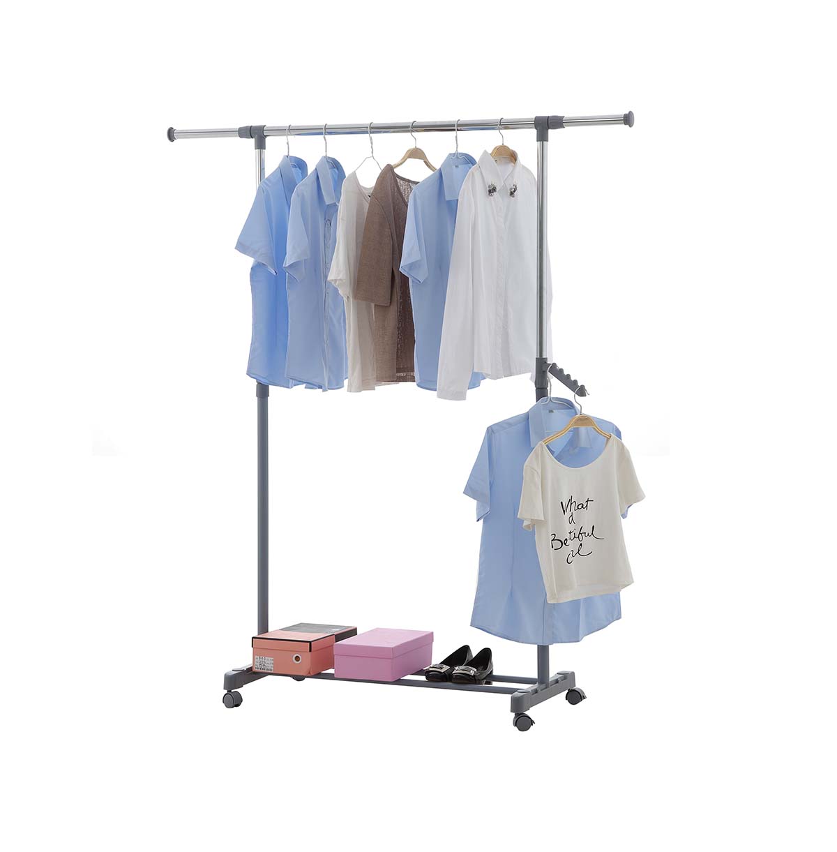 Single Rod Rolling Clothes Rack with Wheels  Metal Clothing Rack  Clothes Garment Coat Rack with Bottom Shelf