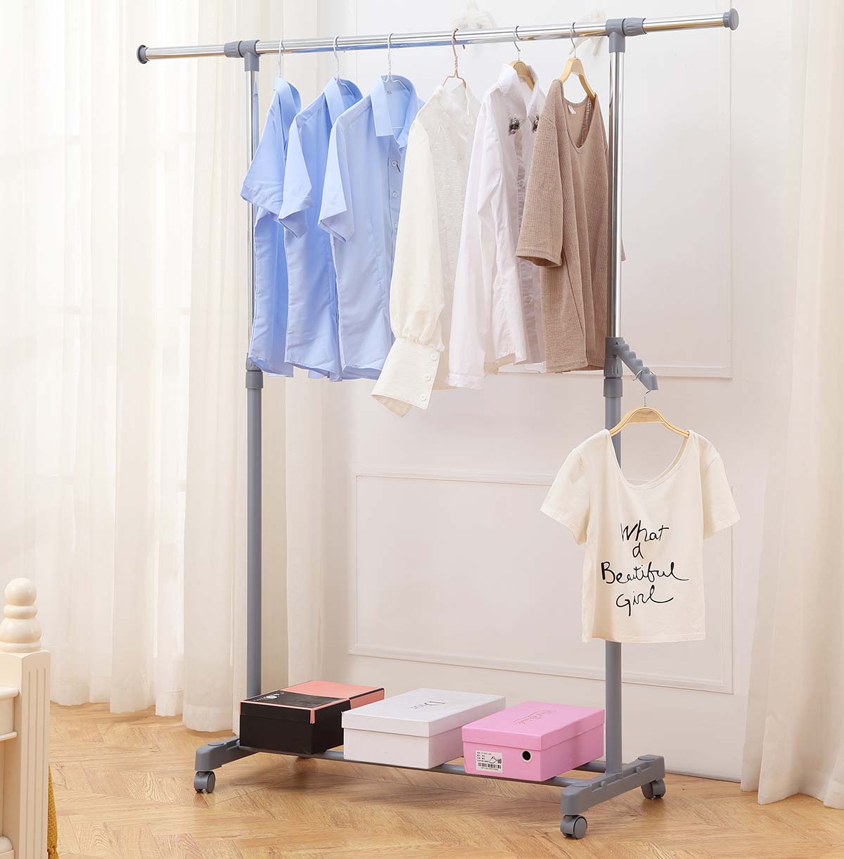 Single Rod Rolling Clothes Rack with Wheels  Metal Clothing Rack  Clothes Garment Coat Rack with Bottom Shelf