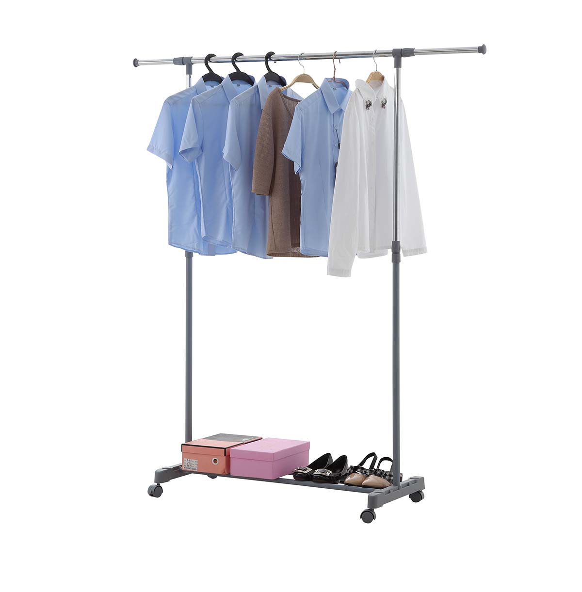 Single Rod Rolling Clothes Rack with Wheels  Metal Clothing Rack  Clothes Garment Coat Rack with Bottom Shelf