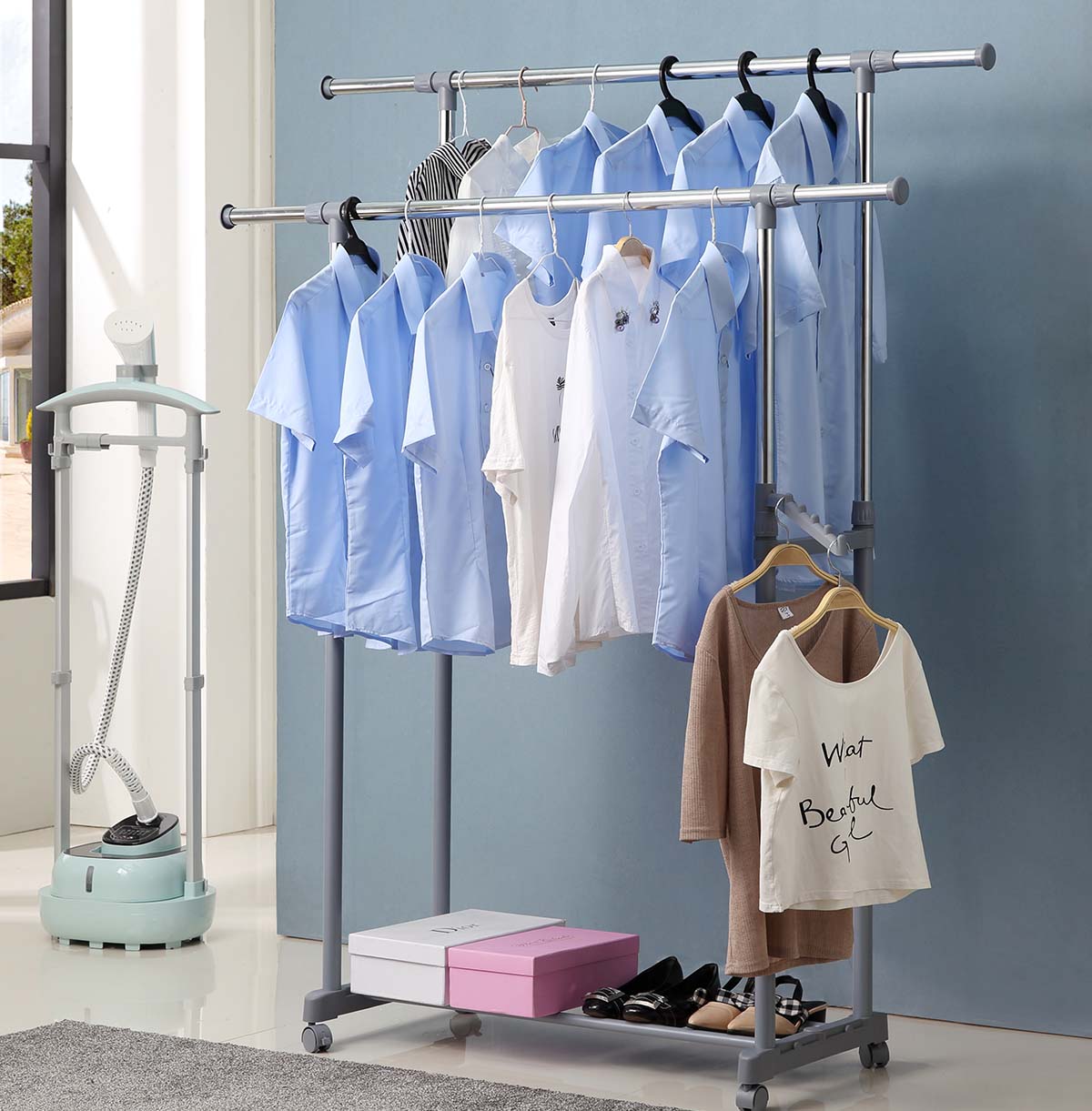 Simple Houseware Double Rod Portable Clothing Hanging Garment Rack