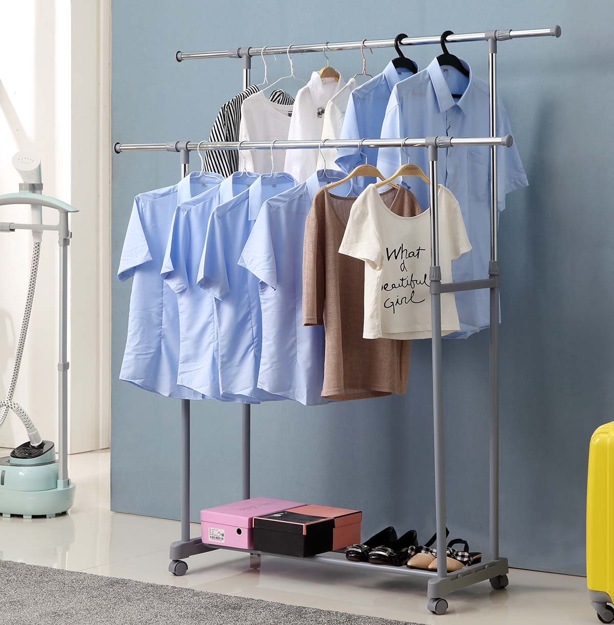 Simple Houseware Double Rod Portable Clothing Hanging Garment Rack